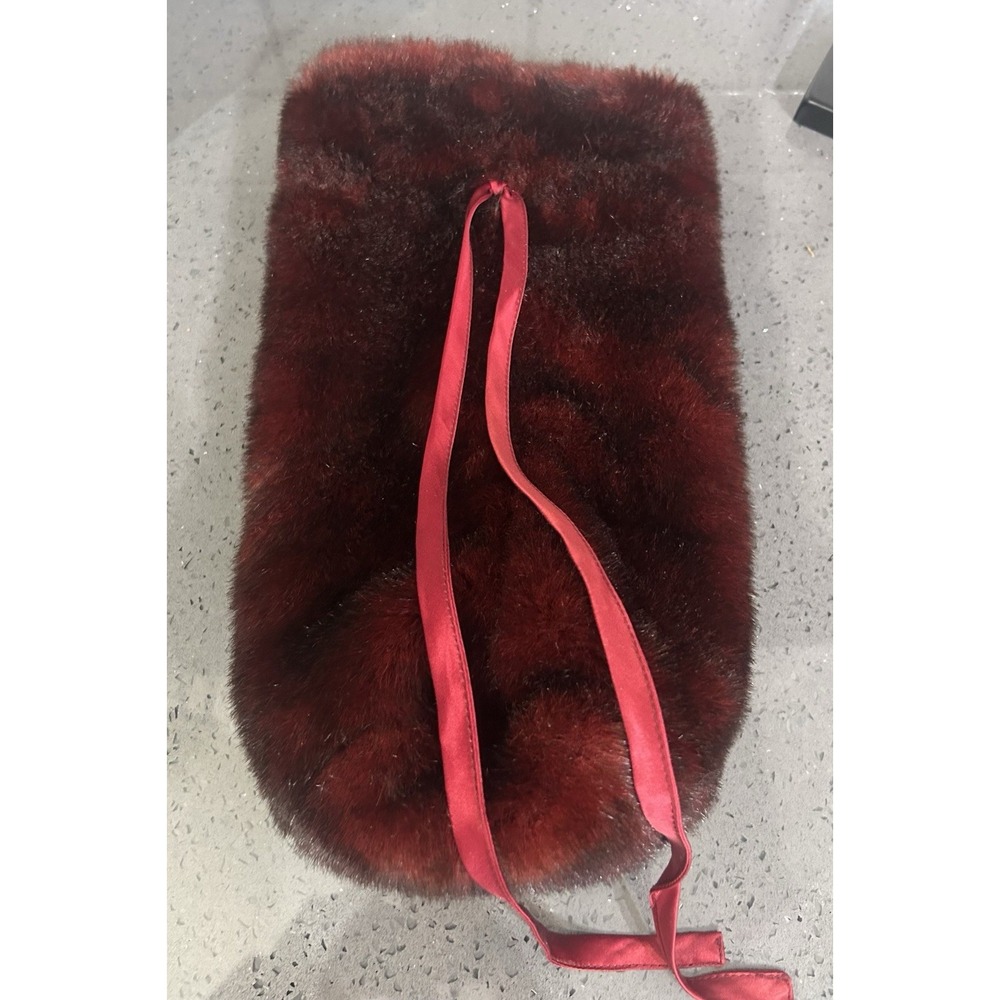Burgundy Red Faux Fur Wine Bottle Bag Pottery Barn - w/ Silk Ties‎ Gift - Picture 5 of 6